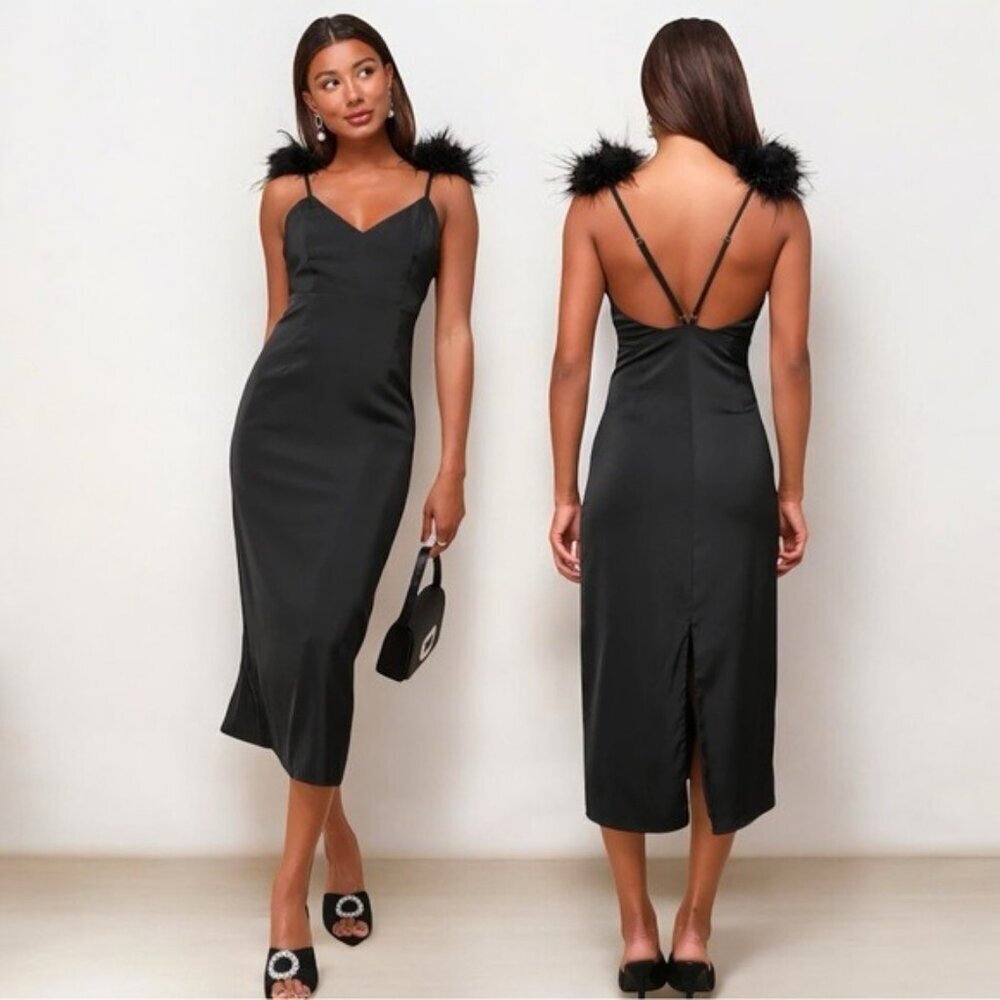 🌻NEW w/tag Lulus Exquisite Invite Black Satin Feather Backless Midi Dress SMALL